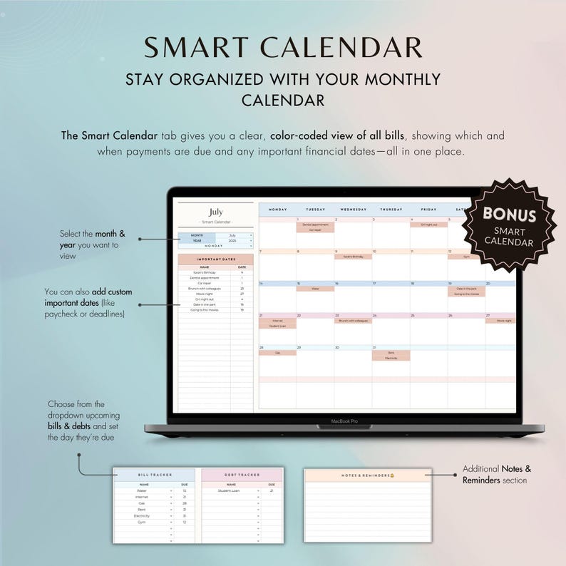 Stay organized with a monthly overview of bills, debts, and important events. Add custom dates and see them appear instantly on a color-coded calendar.
