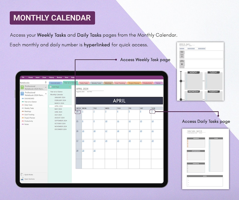 Stay effortlessly organized and on top of your schedule with the OneNote Template 2024, where the monthly calendar feature provides a visually appealing and user-friendly interface to plan and track your month with precision and ease.