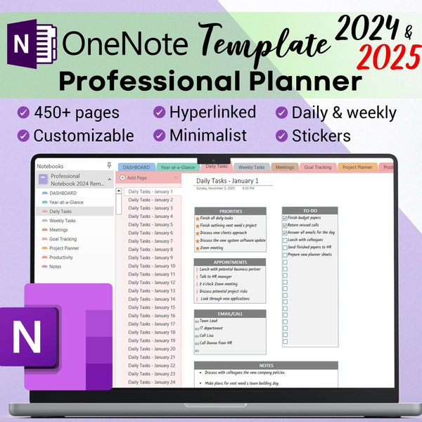 Onenote Planner 2024 2025 Professional One Note Template for Project Etsy