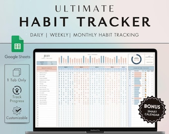 May include: A Google Sheets template for a habit tracker. The template is designed to track habits daily, weekly, and monthly. The template includes a progress bar, a completion tracker, and a bonus smart calendar. The template is customizable and can be used for personal growth or professional use.