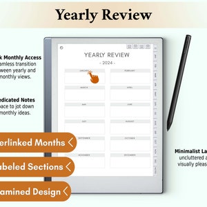The reMarkable 2 Yearly Review page consolidates annual progress and highlights, aiding reflective planning and assessment, which is integral for strategic planning on your reMarkable 2.