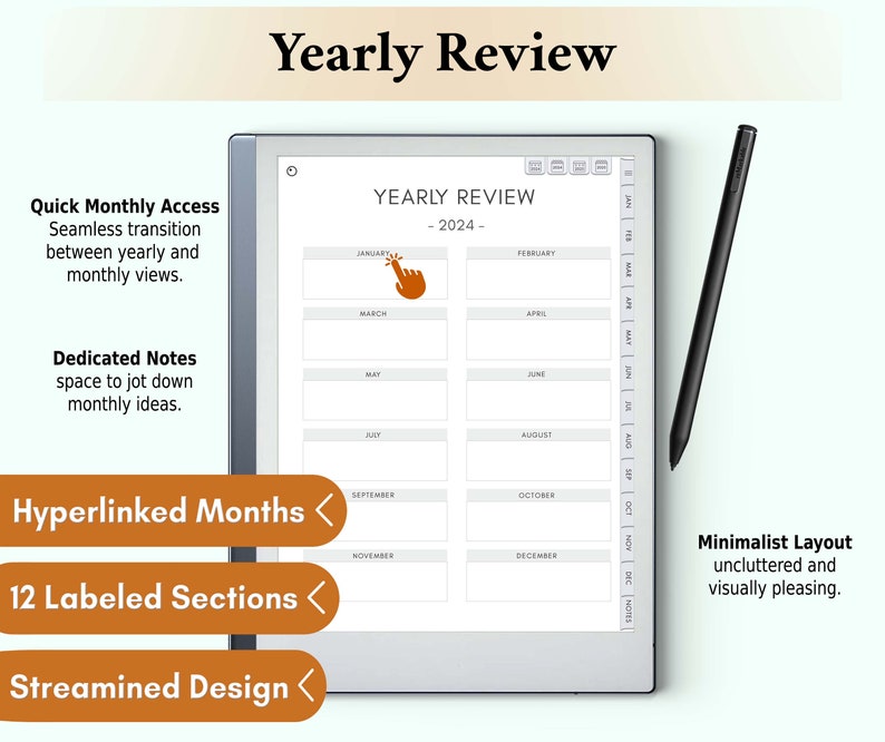 The reMarkable 2 Yearly Review page consolidates annual progress and highlights, aiding reflective planning and assessment, which is integral for strategic planning on your reMarkable 2.