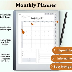 The remarkable 2 Monthly Planner page facilitates long-term planning with an at-a-glance calendar view, spaces for monthly goals, and quick note-taking, optimizing month-long organization on your reMarkable 2.