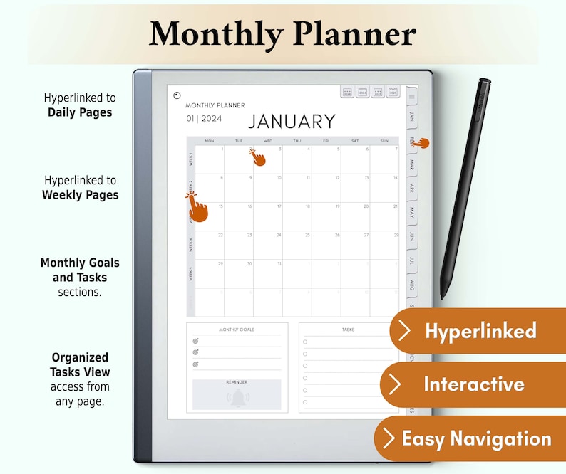 The remarkable 2 Monthly Planner page facilitates long-term planning with an at-a-glance calendar view, spaces for monthly goals, and quick note-taking, optimizing month-long organization on your reMarkable 2.