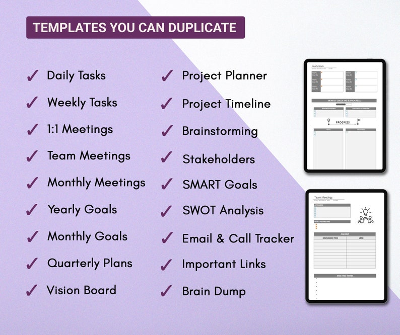 Offering an innovative array of templates you can duplicate at your fingertips. Effortlessly customize and replicate your favorite layouts, ensuring every page is uniquely tailored to suit your evolving planning needs.