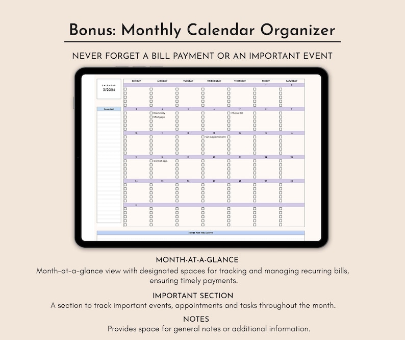 May include: A printable monthly calendar organizer with a month-at-a-glance view, an important section, and a notes section. The calendar is for the month of March 2004.