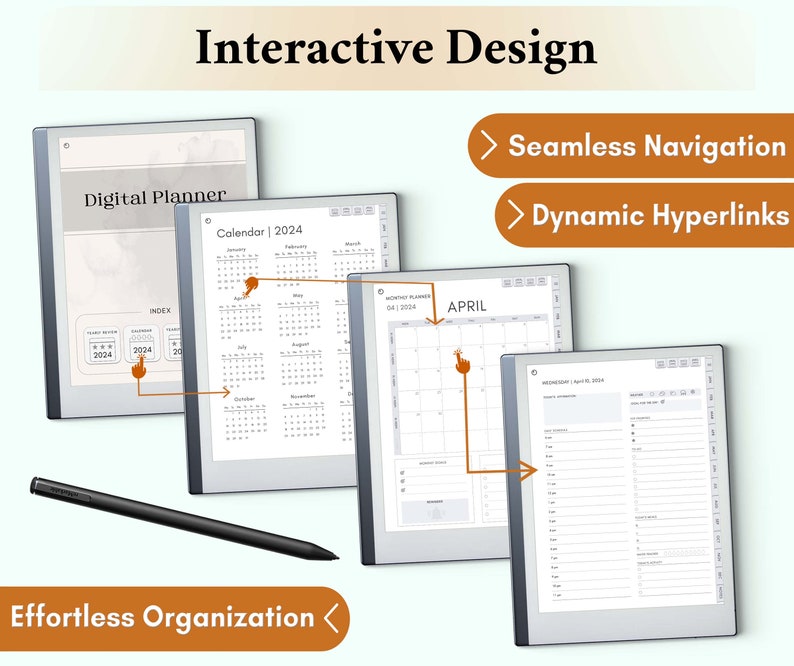 The remarkable 2 Daily Planner interactive design offers quick navigation through hyperlinks, allowing easy transition between the yearly, monthly, weekly and daily planner pages, enhancing the planning experience on reMarkable 2.