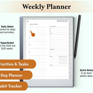 The Weekly Planner page in the reMarkable 2 planner offers a visual overview of the week, space for goal setting, prioritizing tasks, and tracking habits, promoting effective weekly organization.