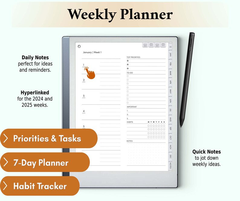 The Weekly Planner page in the reMarkable 2 planner offers a visual overview of the week, space for goal setting, prioritizing tasks, and tracking habits, promoting effective weekly organization.