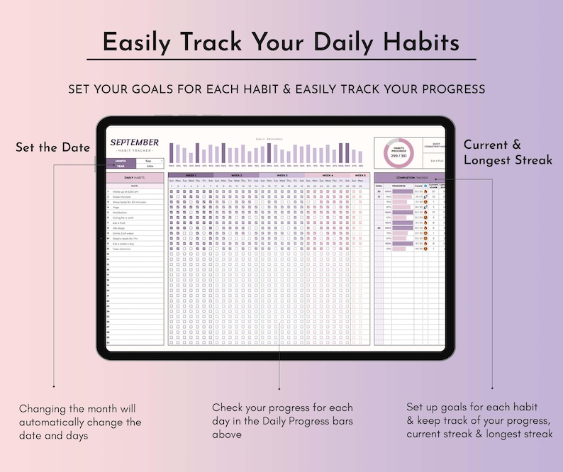 Easily monitor your daily habits with our intuitive tracker. Our daily habit planner allows you to track your routines and activities effortlessly, helping you stay organized and focused on your goals.
