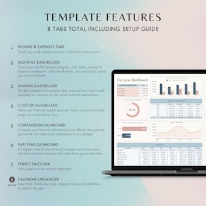 Explore the full suite of features: income and expense tracking, dashboards, sales tax management, and a bonus calendar. Each tab is designed to simplify your finances and keep you organized.