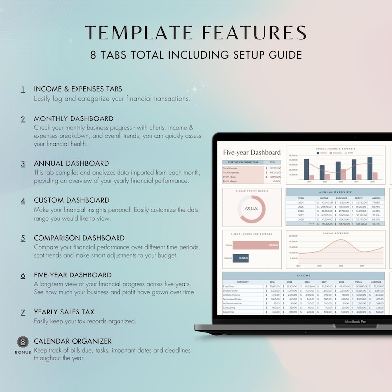Explore the full suite of features: income and expense tracking, dashboards, sales tax management, and a bonus calendar. Each tab is designed to simplify your finances and keep you organized.