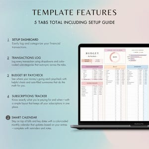 Get a quick look at all five tabs included in the spreadsheet. See how they connect to give you a complete budgeting system—Setup, Log, Tracker, Calendar, and Summary all in one.