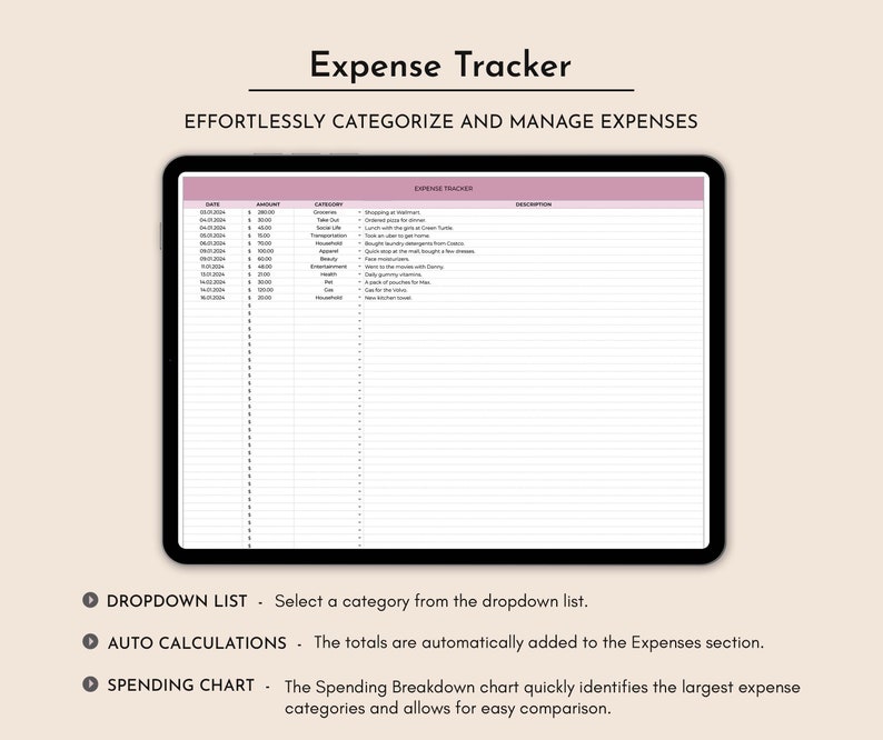 May include: A digital expense tracker spreadsheet with columns for date, amount, category, and description. The spreadsheet is designed to help users track their spending and categorize expenses.