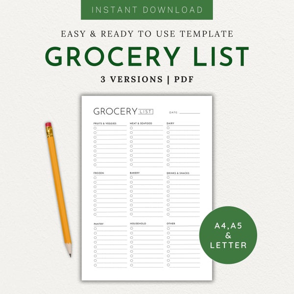 Grocery List Printable Shopping Planner A4 A5 Letter Weekly Meal Planner Food Inventory Shopping List Instant Download PDF