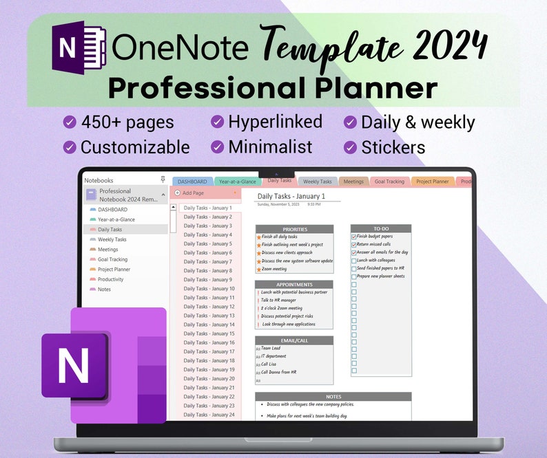 OneNote Planer 2024 Professionelle One Note Vorlage für Projektmanagement und Arbeitsplanung Bild 1