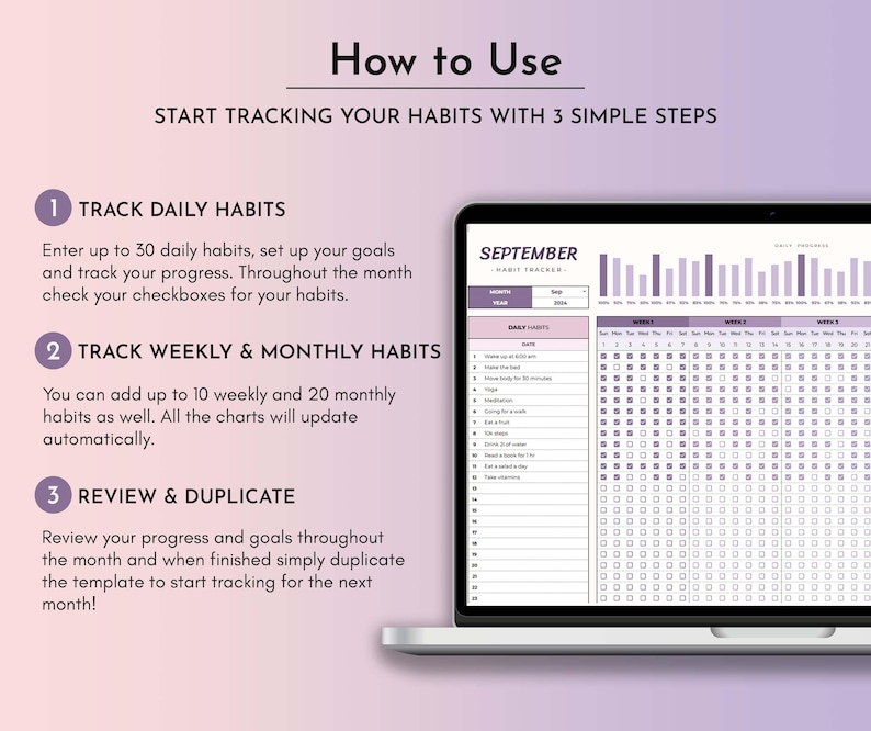 Learn how our habit tracker simplifies progress tracking. Our goal planner template is designed to streamline your daily routines and habits, helping you achieve success in your personal and professional life.