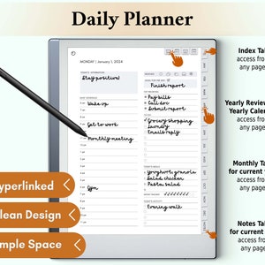 The reMarkable 2 Daily Planner page streamlines your daily schedule  along with affirmations; a weather tracker; prioritized tasks and goals; meal, water and activity tracker; enhancing focus and daily productivity on your reMarkable 2.