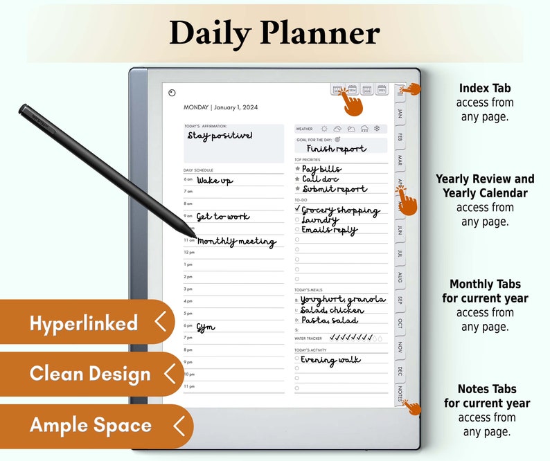 The reMarkable 2 Daily Planner page streamlines your daily schedule  along with affirmations; a weather tracker; prioritized tasks and goals; meal, water and activity tracker; enhancing focus and daily productivity on your reMarkable 2.