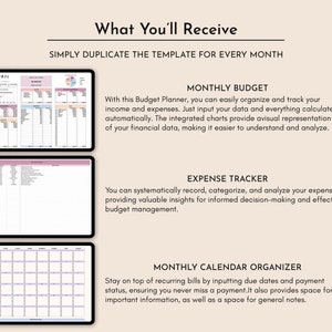 May include: A digital printable budget planner template with three sections: a monthly budget, an expense tracker, and a monthly calendar organizer. The template is designed to help users track their finances and stay organized.