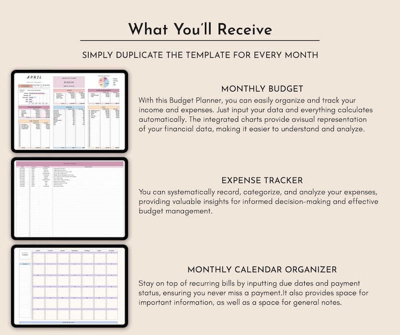 May include: A digital printable budget planner template with three sections: a monthly budget, an expense tracker, and a monthly calendar organizer. The template is designed to help users track their finances and stay organized.