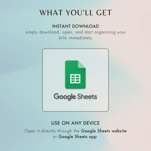 Instant download, ready to use in Google Sheets. Access it from any device—on the Google Sheets app or website.