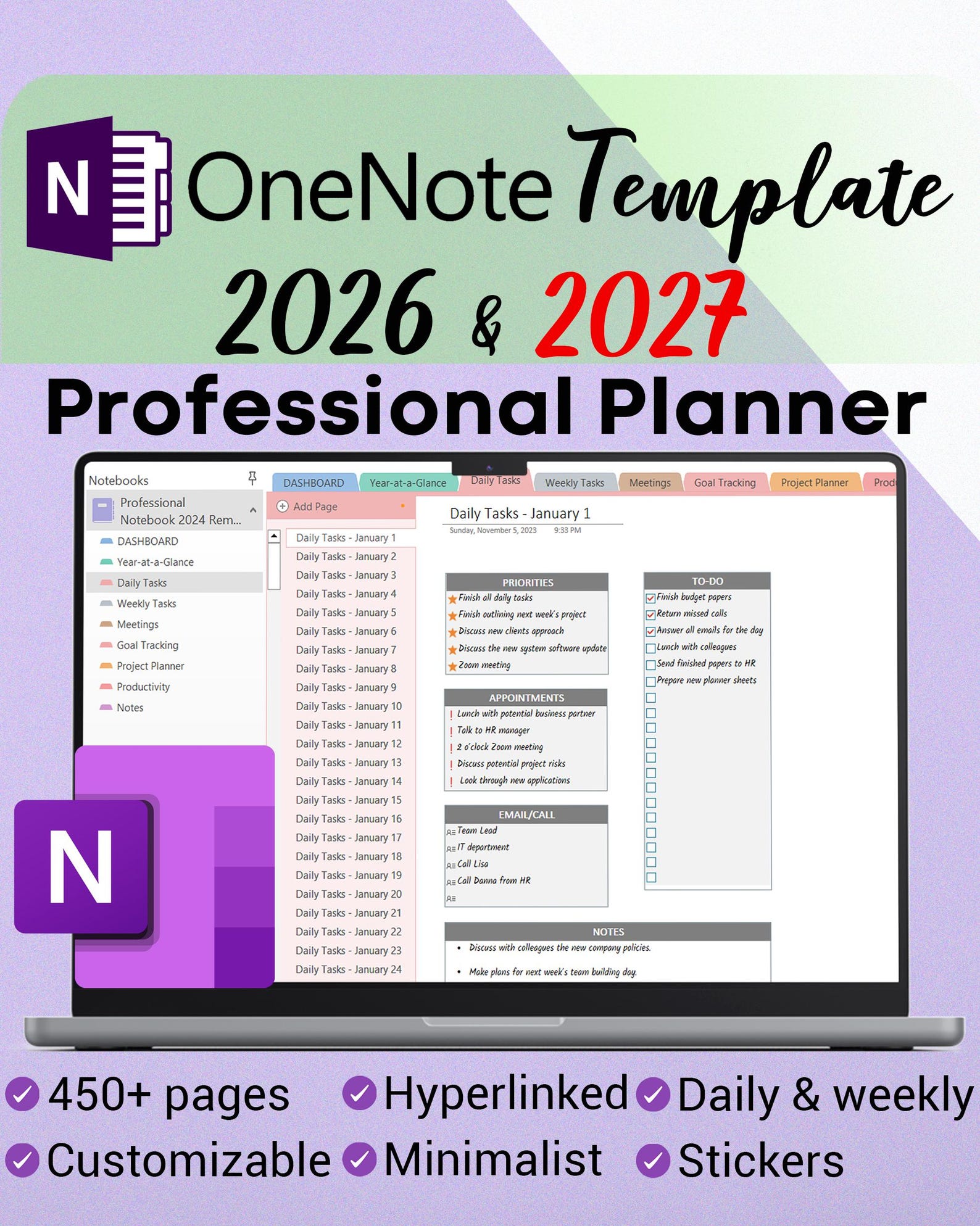 Onenote Template 2026 2027 Professional Onenote Planner for Project ...