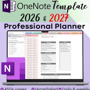 以下が含まれることがあります： 2026年と2027年のプロフェッショナルプランニング用のOneNoteテンプレートがラップトップに表示されています。画面には、優先事項、To-Do項目、予定を含む毎日のタスクリストが表示されます。450ページ以上、ハイパーリンク、毎日と毎週、カスタマイズ可能、ミニマリスト、ステッカーが含まれています。