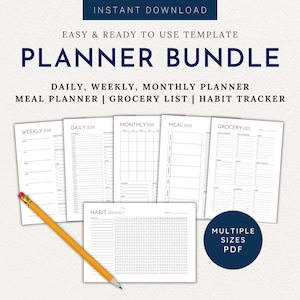 May include: A printable planner bundle with a black and white design. The bundle includes daily, weekly, monthly, meal, grocery, and habit tracker planners. The text "Multiple Sizes PDF" is in blue text on a white background.