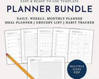 Printable Planner Bundle Daily Weekly Monthly Planner Meal Planner Grocery List Habit Tracker PDF Planner Template