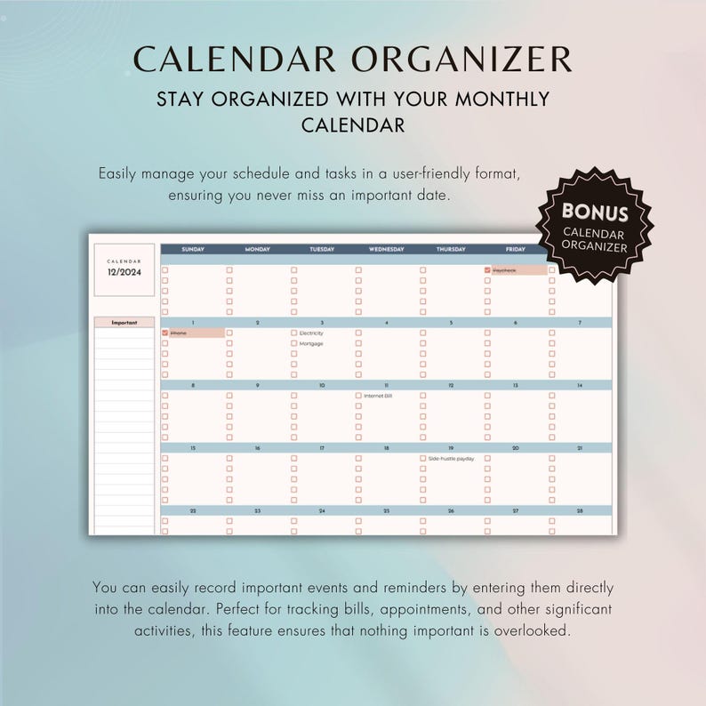 Never miss a deadline with the built-in calendar. Organize bills, tasks, and important dates. Perfect for keeping track of financial obligations and maintaining your business schedule.