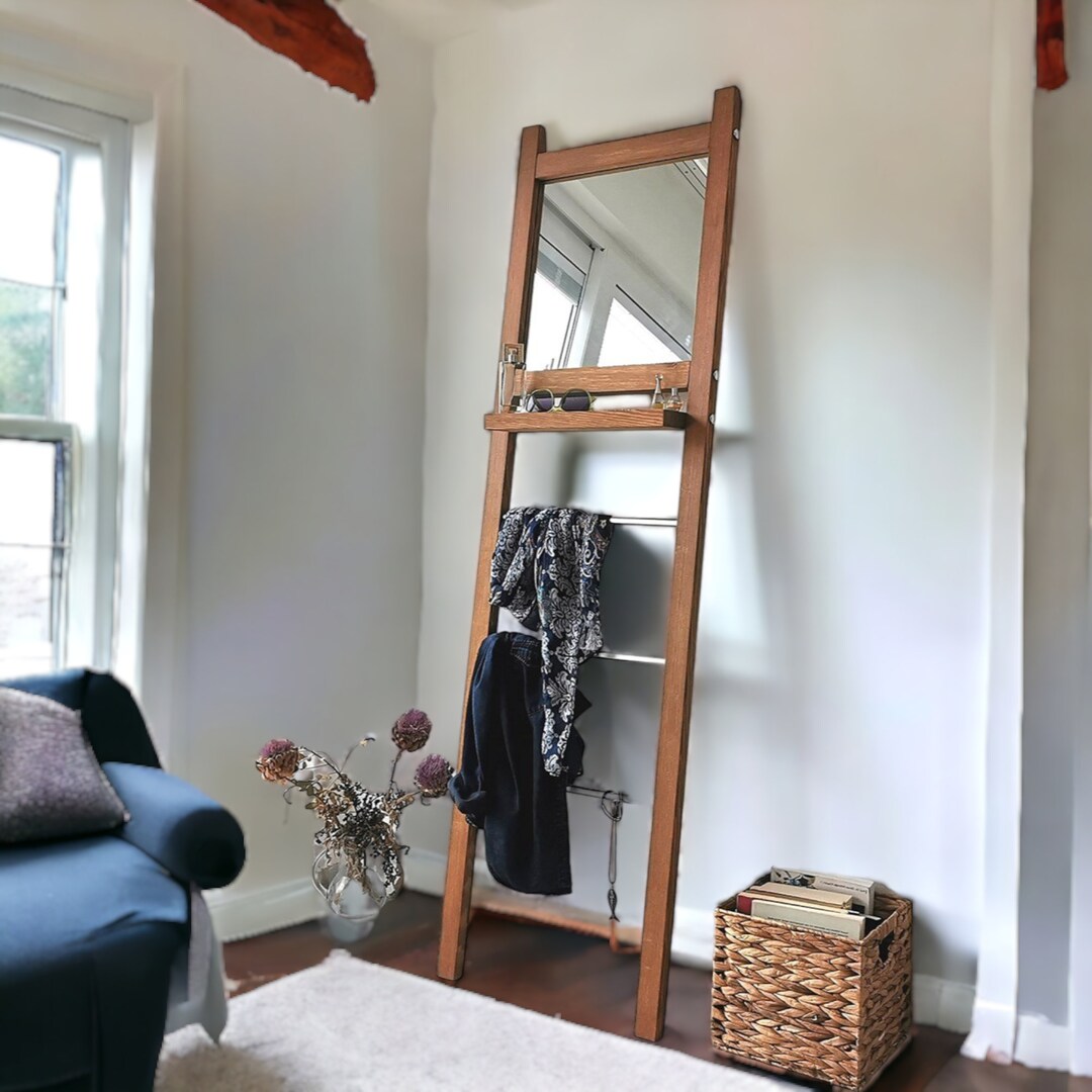 Wooden Blanket Ladder Wall Leaning Towel Rack With Mirror Decorative Blanket Ladder Stand Holder