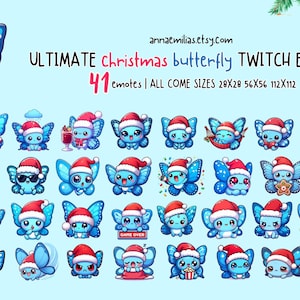 以下が含まれることがあります： Twitch 用のクリスマスバタフライエモート41個セット。エモートはすべて青と白で、赤いサンタの帽子をかぶっています。キャンディーケーン、プレゼント、ゲームオーバーのサインを持っているなど、さまざまなポーズをとっています。エモートは3つのサイズで利用できます: 28x28、56x56、112x112。