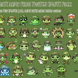 Puede incluir: Un conjunto de 46 emoticonos digitales de Twitch que representan a una rana de dibujos animados vestida con un uniforme militar verde. Los emoticonos muestran a la rana en varias poses y expresiones, incluyendo llorar, reír y sostener un arma. Los emoticonos están disponibles en tres tamaños: 22x28, 56x56 y 112x112 píxeles.