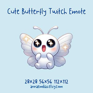 Puede incluir: Una mariposa blanca con ojos grandes y brillantes y una boca abierta de par en par, como si estuviera sorprendida o emocionada. La mariposa tiene alas pequeñas y blancas con un efecto brillante. El fondo es azul claro.