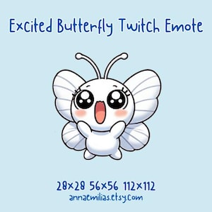蝶のTwitch絵文字 | ストリーミング用の、頬がバラ色の興奮したかわいい蝶 | ゲーマー向けの最高にクールで面白いかわいい絵文字