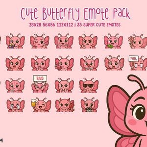 以下が含まれることがあります： ウィンク、怒り、物を持つなど、さまざまな表情の33個のピンク色の蝶の絵文字のコレクション。「Cute Butterfly Emote Pack」というテキストが上部にあり、サイズが下にリストされています。大きな蝶のグラフィックが右側にあります。