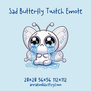 May include: A cartoon illustration of a white butterfly with blue teardrop-shaped eyes and sparkling wings. The butterfly is crying blue tears and is sitting on a blue puddle.