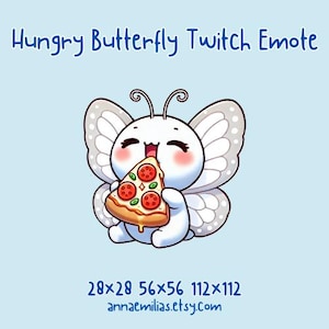 Motyl Twitch Emote jedzący pizzę | Słodki, głodny styl Kawaii Twitch Emoji | Fajna, słodka ikona czatu strumieniowego