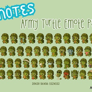 以下が含まれることがあります： さまざまな表情とポーズの75個の漫画の陸軍カメ絵文字のコレクション。カメは緑色の軍用ヘルメットと制服を着用しています。「75 Emotes」というテキストは青色で、「Army Turtle Emote Pack」は緑色です。