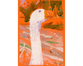 Goose in orange. Original watercolor illustration.