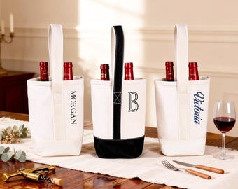 Custom Initials Canvas Wine Tote Bag, Double Bottle Tote Bag for Champagne/Wine, Bridesmaid/Grooms Gifts, Bourbon Tote, Housewarming Gifts