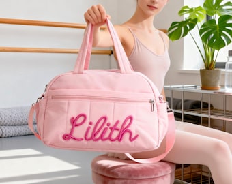 Embroidered Dance Bag for Girls, Personalized Handmade Crochet Name, Kids Overnight Bag, Ballet/Gymnastic Bag, Birthday Gift, Christmas Gift