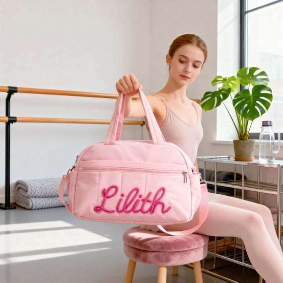 Embroidered Dance Bag for Girls, Personalized Handmade Crochet Name, Kids Overnight Bag, Ballet/Gymnastic Bag, Birthday Gift, Christmas Gift