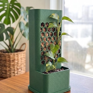 May include: A dark green, rectangular, 3D-printed plant support structure featuring a vertical honeycomb-patterned panel filled with brown sphagnum moss. A small green plant with variegated leaves grows upward from the integrated base planter.