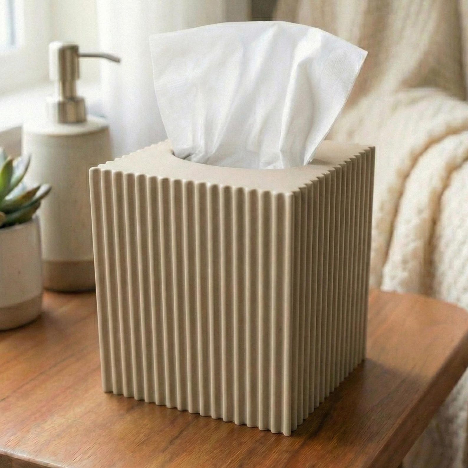 Square Tissue Box Cover: Modern Ribbed Design | 4.50 in W × 4.50 in D × 4.80 in H