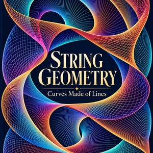 May include: A book cover titled String Geometry: Curves Made of Lines, featuring a dark background with vibrant, multi-colored intersecting line patterns that create complex, flowing geometric curves in shades of blue, purple, orange, and pink.