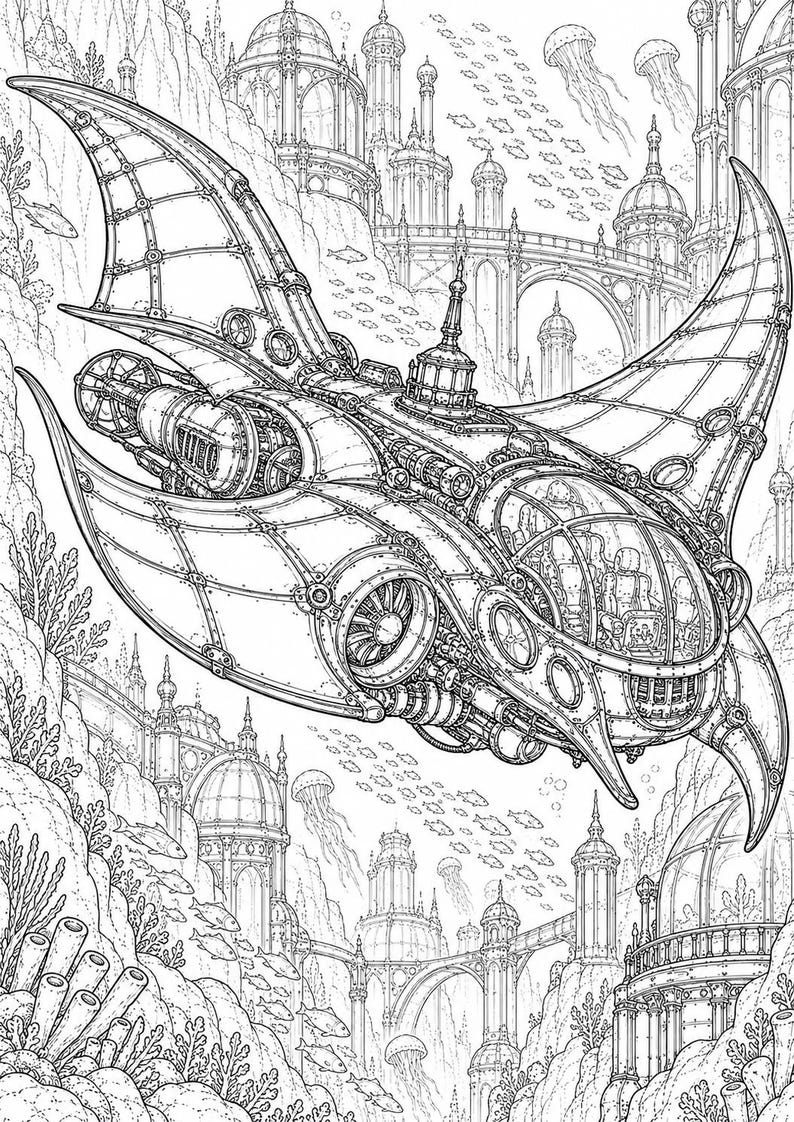 Abyssal Machines Steampunk Coloring Book | Underwater City Art (PDF ...