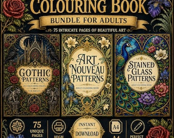 May include: A 3-book coloring book bundle for adults featuring 75 intricate pages. The set includes Gothic Patterns, Art Nouveau Patterns, and Stained Glass Patterns. The cover art displays ornate floral, peacock, and architectural designs.