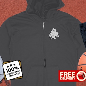 Embroidered Lebanon Cedar Tree Full Zip Hoodie Free USA Shipping Stand With Lebanon Zip Hooded Sweatshirt Lebanese Gift For Him Gift For Her